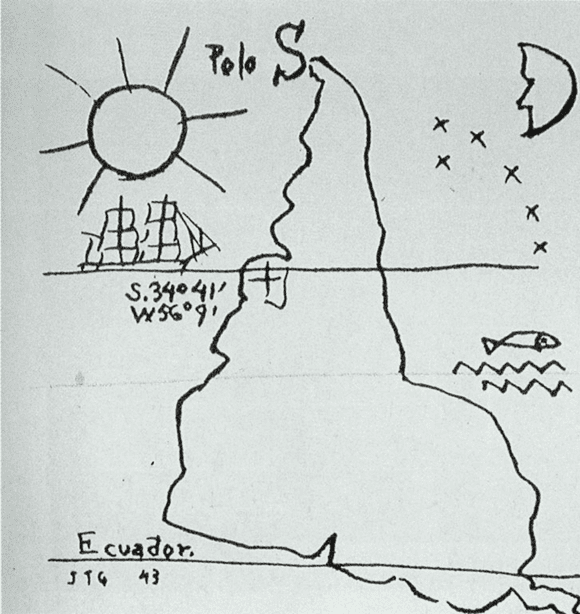 América Invertida, esboço de Joaquín Torres García, 1943, mapa da América do Sul desenhado de ponta-cabeça