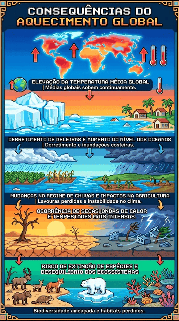 Infográfico das consequências do aquecimento global: elevação da temperatura média, derretimento de geleiras e aumento do nível dos oceanos, mudanças no regime de chuvas, secas e ondas de calor mais intensas, risco de extinção de espécies