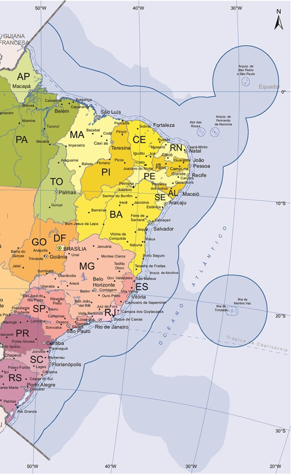 Mapa da Amazônia Azul, a Zona Econômica Exclusiva do Brasil