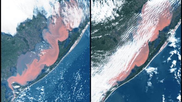 Rio meandrante visto de satélite com lagoas oxbow