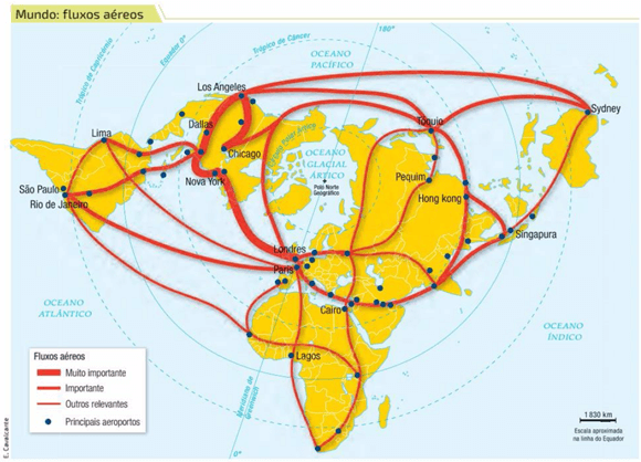 Mapa sobre os fluxos aéreos no mundo