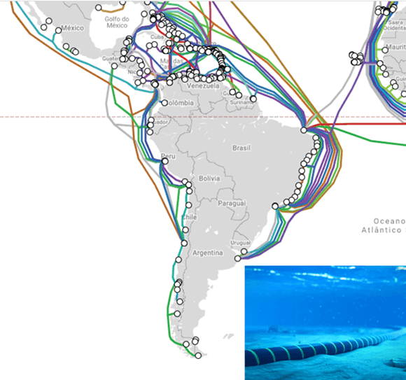 Cabo submarino mostrando conexões na América Latina