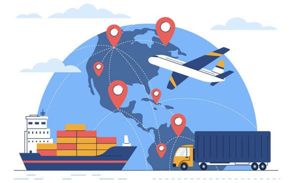 Comércio mundial representado por caminhão, transporte aéreo e marítimo