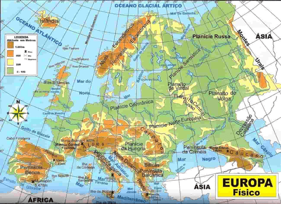 Mapa físico do continente europeu - Duvid Geografia
