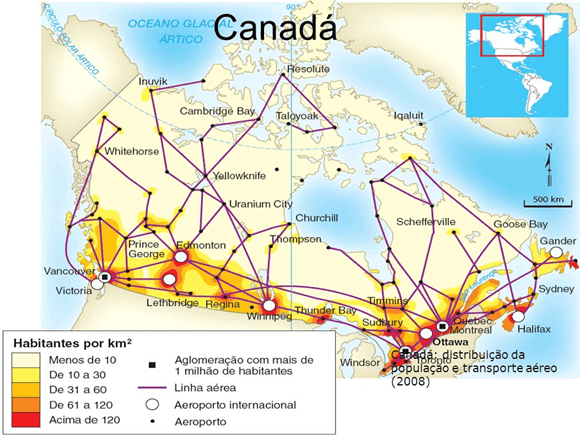 Mapa da distribuição da população e do transporte aéreo no Canadá - Duvid Geografia