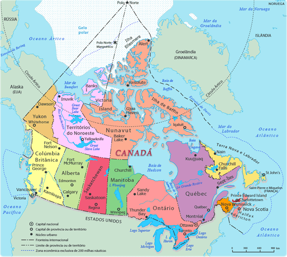 Mapa político do Canadá com suas províncias e territórios - Duvid Geografia