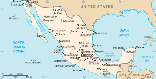 Mapa do México com destaque para as cidades da fronteira norte com os Estados Unidos - Duvid Geografia