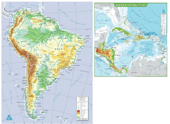 Mapa físico da América do Sul e da América Central - Duvid Geografia