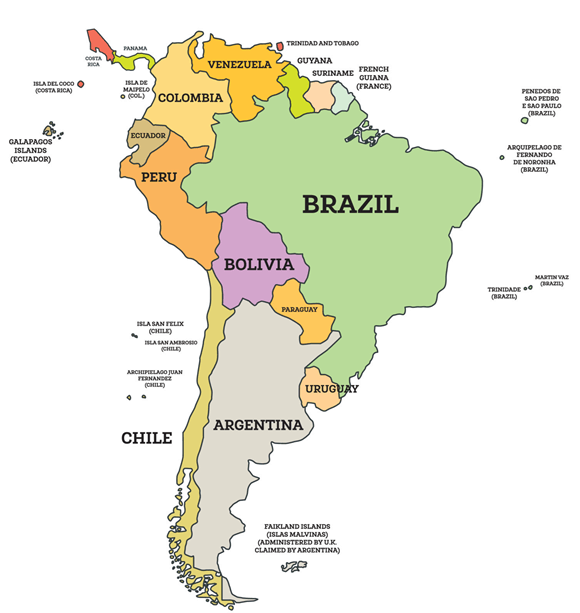 Mapa político da América do Sul, com seus países e territórios - Duvid Geografia